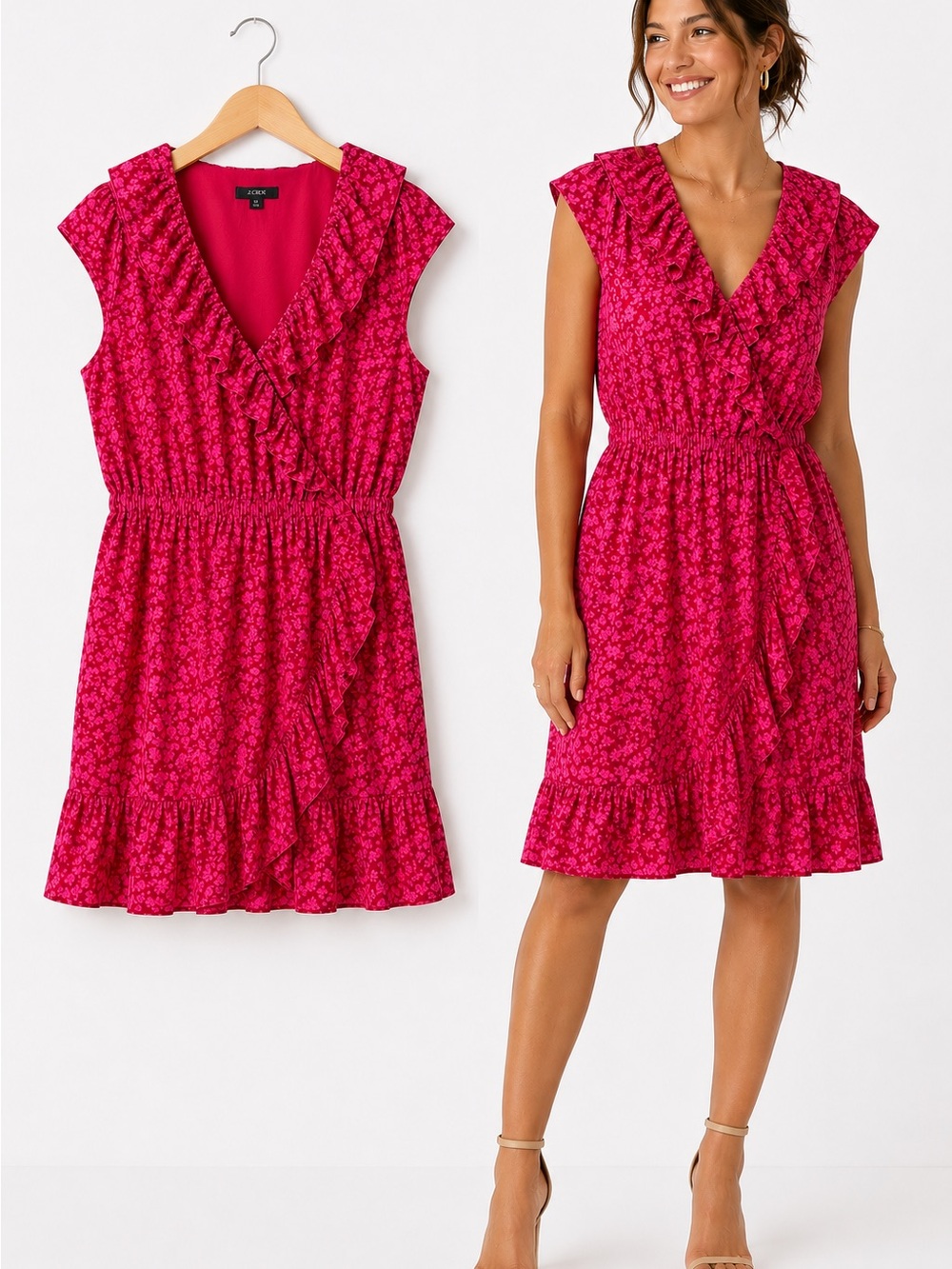 J.Crew Pink Floral Ruffle Wrap Dress Size 12 Barbiecore Vacation